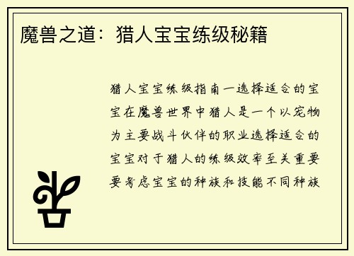 魔兽之道：猎人宝宝练级秘籍